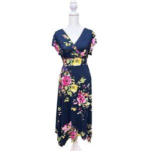 Lascana Floral Wrap Midi Dress Navy Tie Waist V Neck NWT Women 10